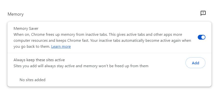 Включён режим экономии памяти в Chrome