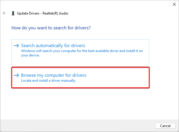 Окно с опцией 'Browse my computer for driver software'