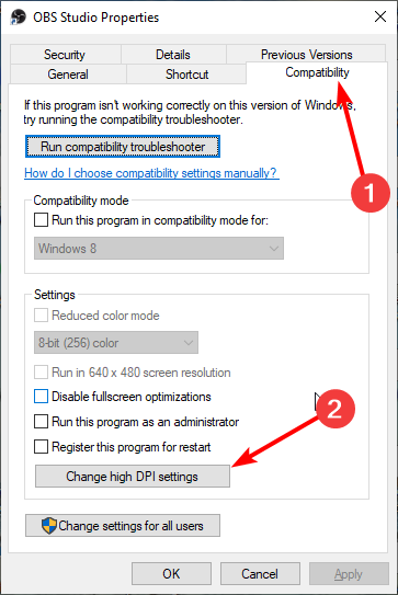 вкладка совместимость и изменение DPI