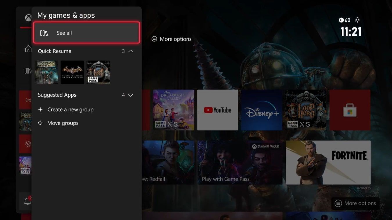 Скриншот меню гида с разделом Мои игры и приложения и выделенным Просмотреть всё