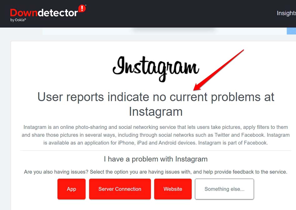 Статус Instagram на Downdetector