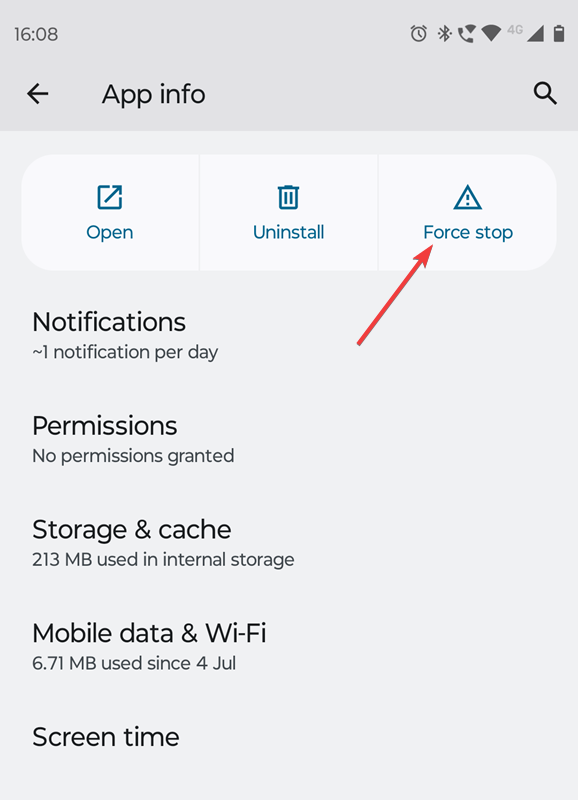 Экран информации приложения с кнопкой 'Принудительная остановка'