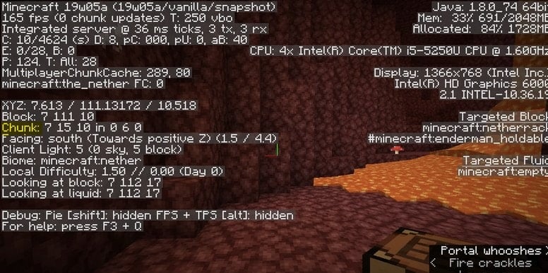 Экран отладки с информацией о чанке