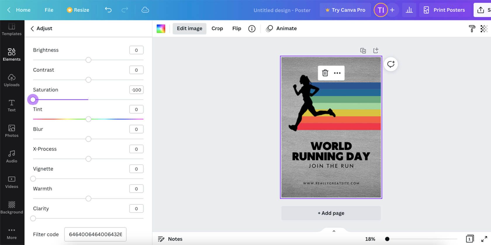 функция насыщенности в Canva