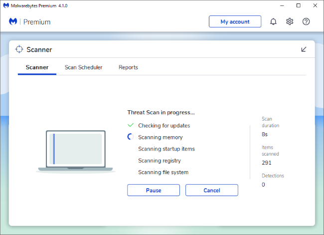 Malwarebytes Premium сканирует Windows 10, Windows Defender запущен в фоне