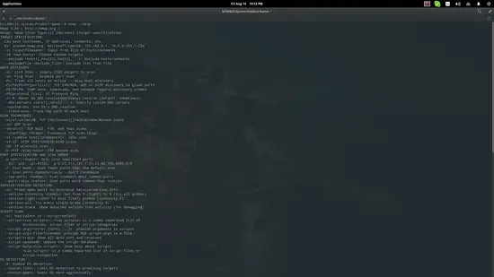 Список команд Nmap в терминале.