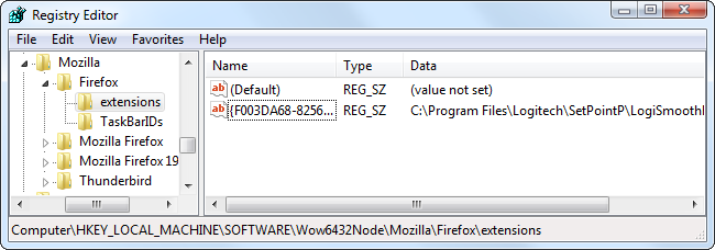 Глобально установленное расширение Firefox в реестре