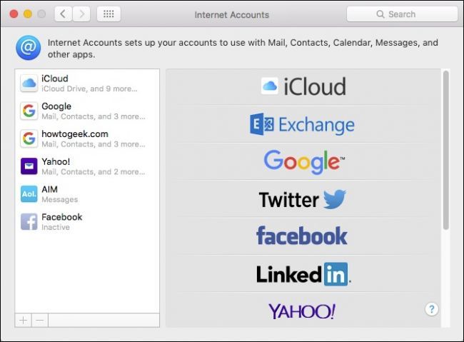 Окно Интернет‑аккаунтов macOS