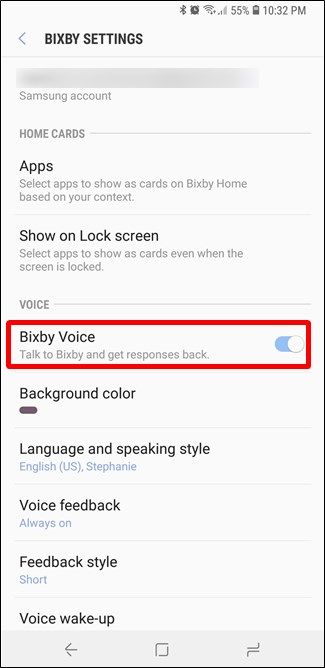 Раздел «Voice» в настройках Bixby с переключателем Bixby Voice