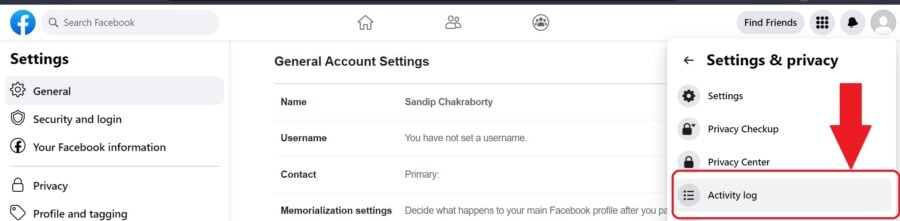 Скриншот: меню Настройки и конфиденциальность на сайте Facebook
