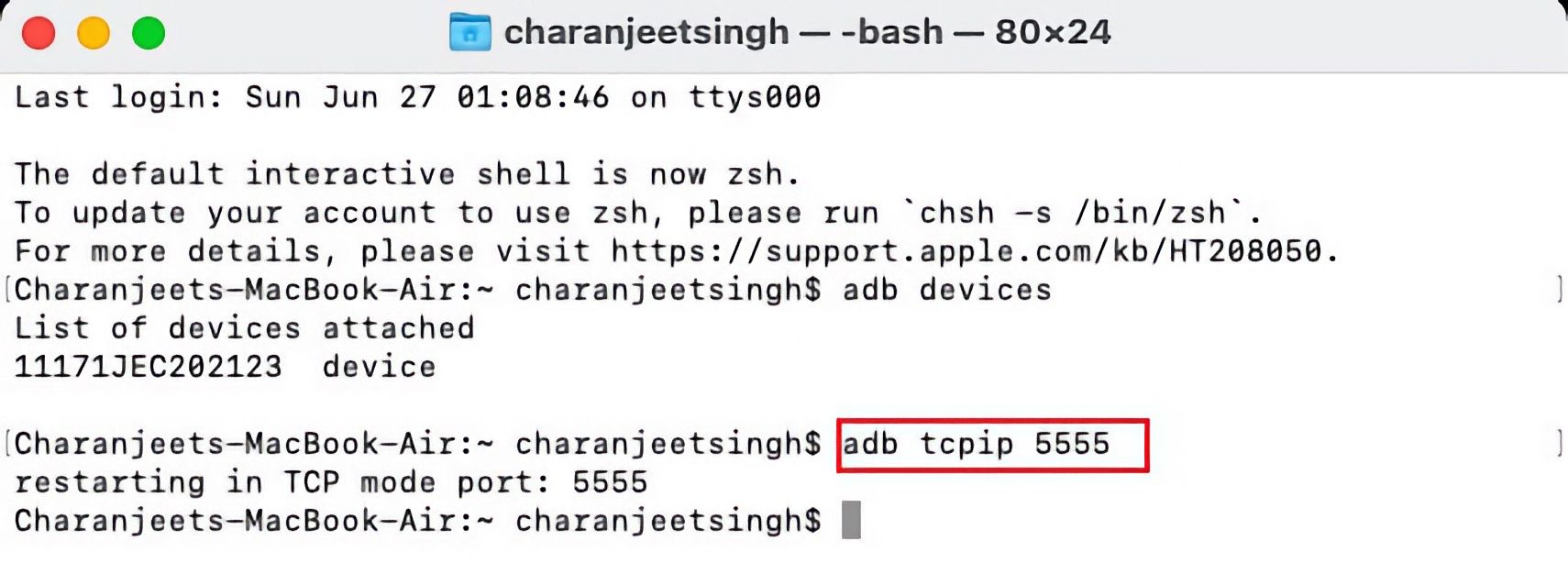 Команда adb tcpip 5555 — перевод ADB в режим TCP/IP