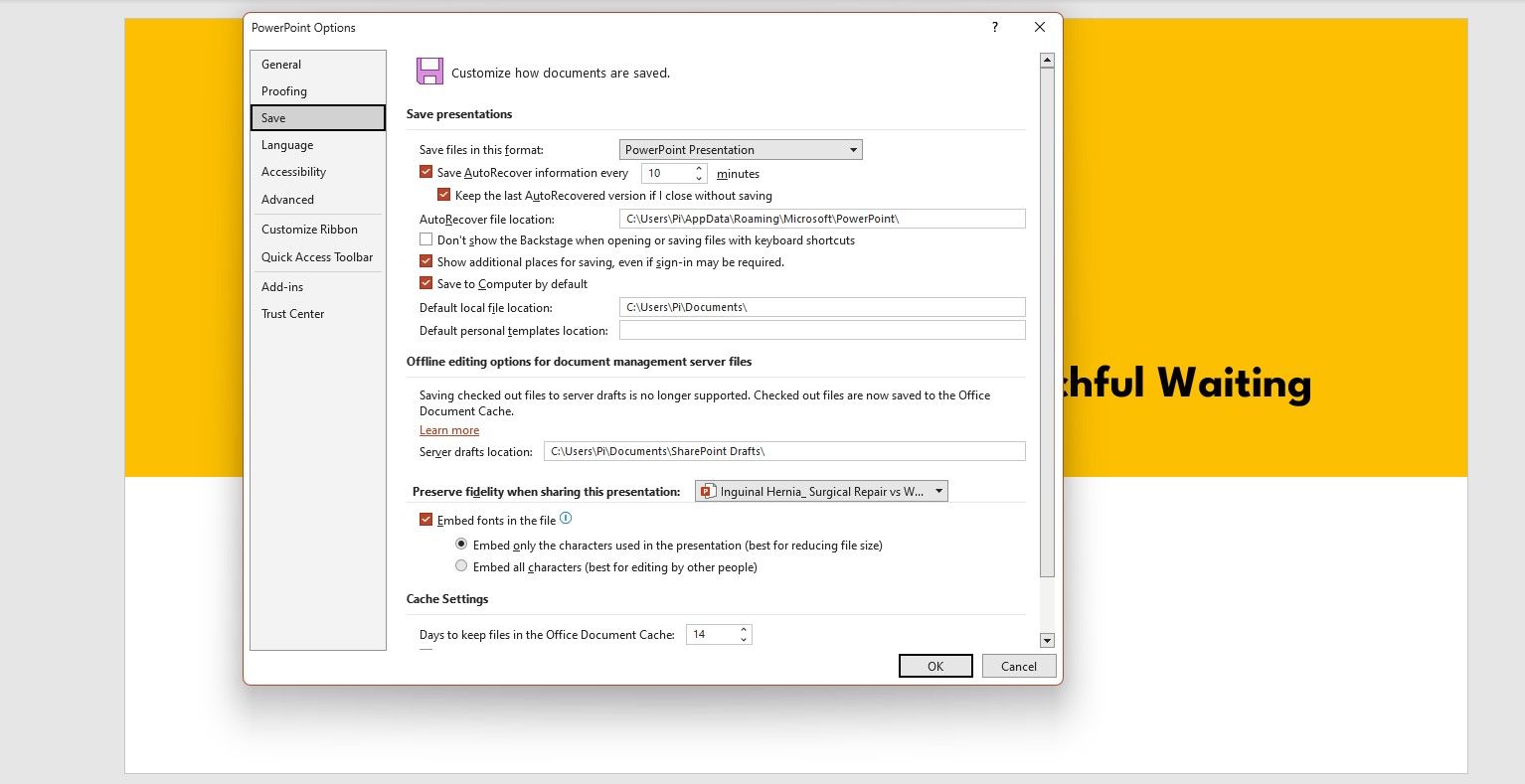 Параметры сохранения PowerPoint: переключатель «Сохранять на компьютер по умолчанию»