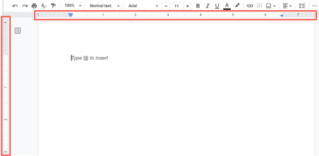 Линейка отображается в Google Docs с маркерами табуляции