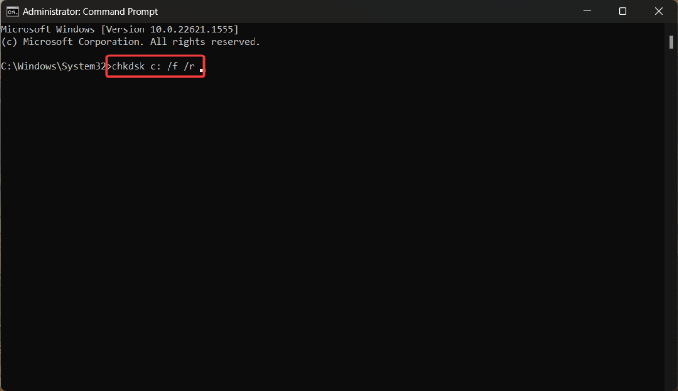 Команда chkdsk C: /f /r в командной строке