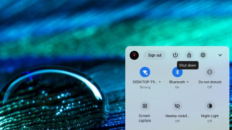 Отключение Chromebook через меню быстрого доступа