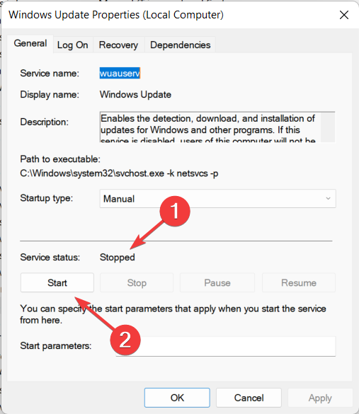 Свойства службы Центр обновления Windows с кнопкой Запустить