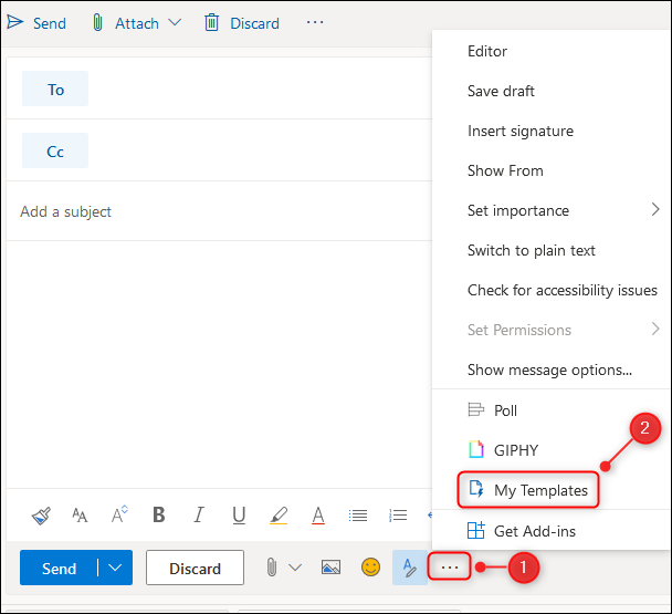 Пункт меню «Мои шаблоны» в веб‑интерфейсе Outlook