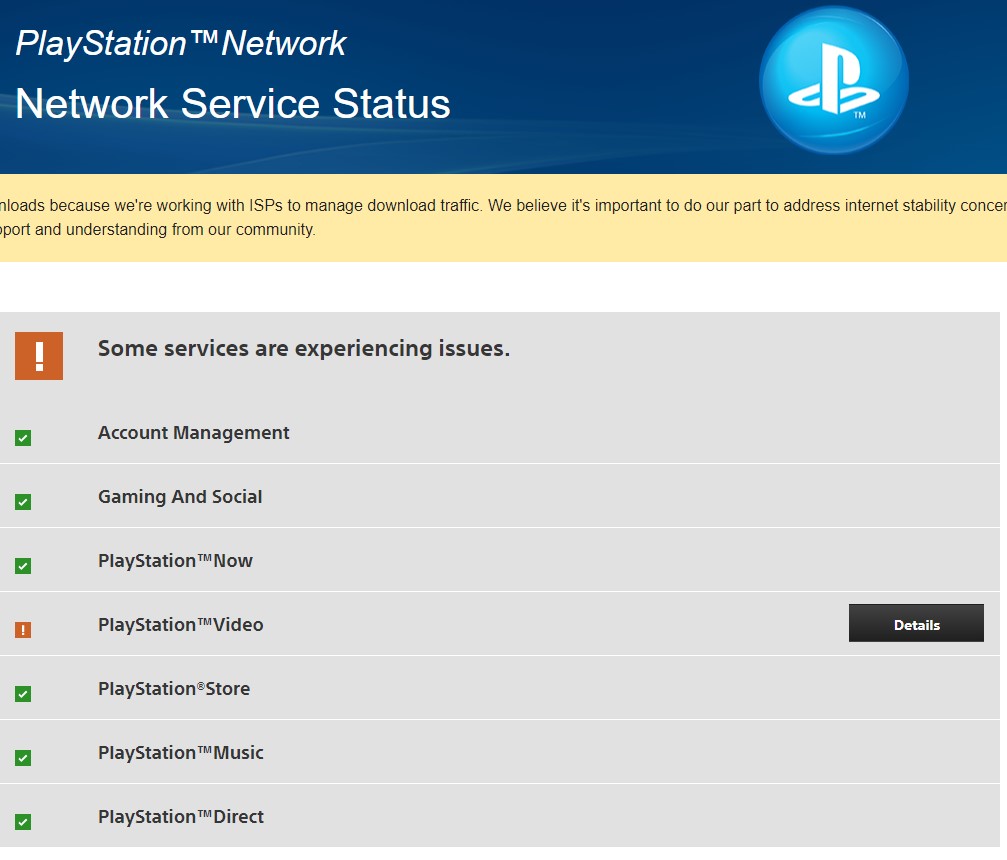 Страница статуса сервера PlayStation