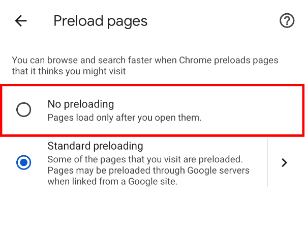 Выберите «Нет предзагрузки» для отключения автоматического предварительного запроса страниц.