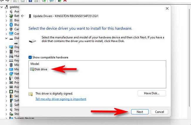Выбор совместимого драйвера из списка в Диспетчере устройств.
