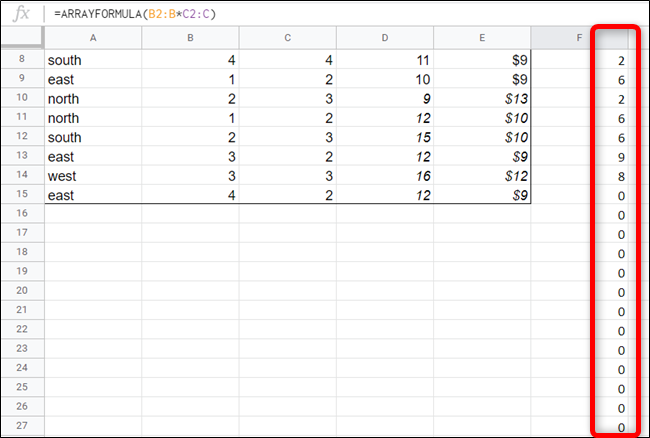 Пример длинного списка нулей в результате ARRAYFORMULA