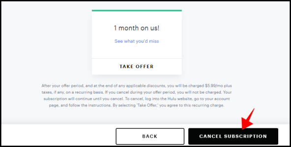 Кнопка «Отменить подписку» подтверждение на Hulu