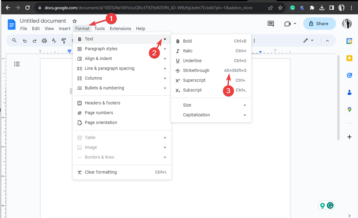 Меню «Формат» в Google Docs с опцией зачёркивания