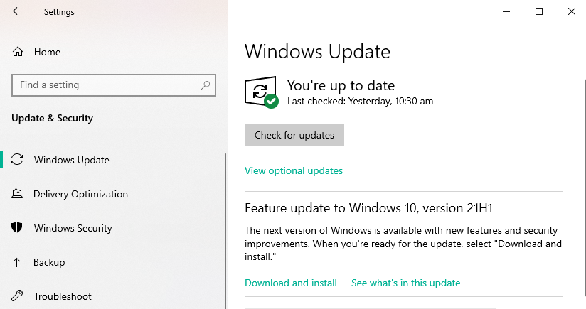 Параметры Windows — обновления экрана