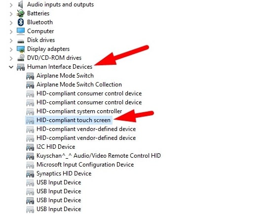 Выбор HID-compliant touch screen в Диспетчере устройств