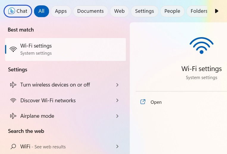 Открыть параметры Wi‑Fi через меню поиска Windows