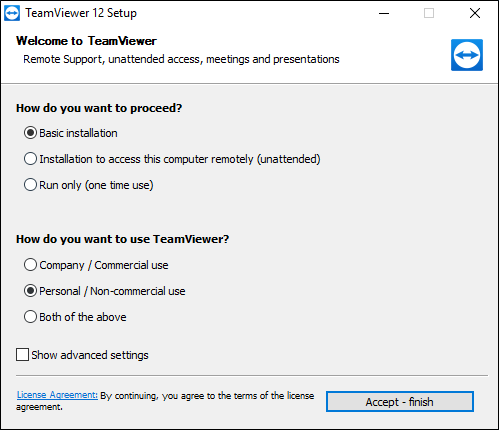 Выбор типа установки TeamViewer