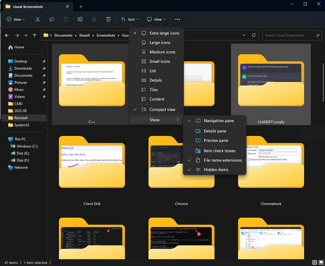 Меню Вид в Проводнике Windows 11