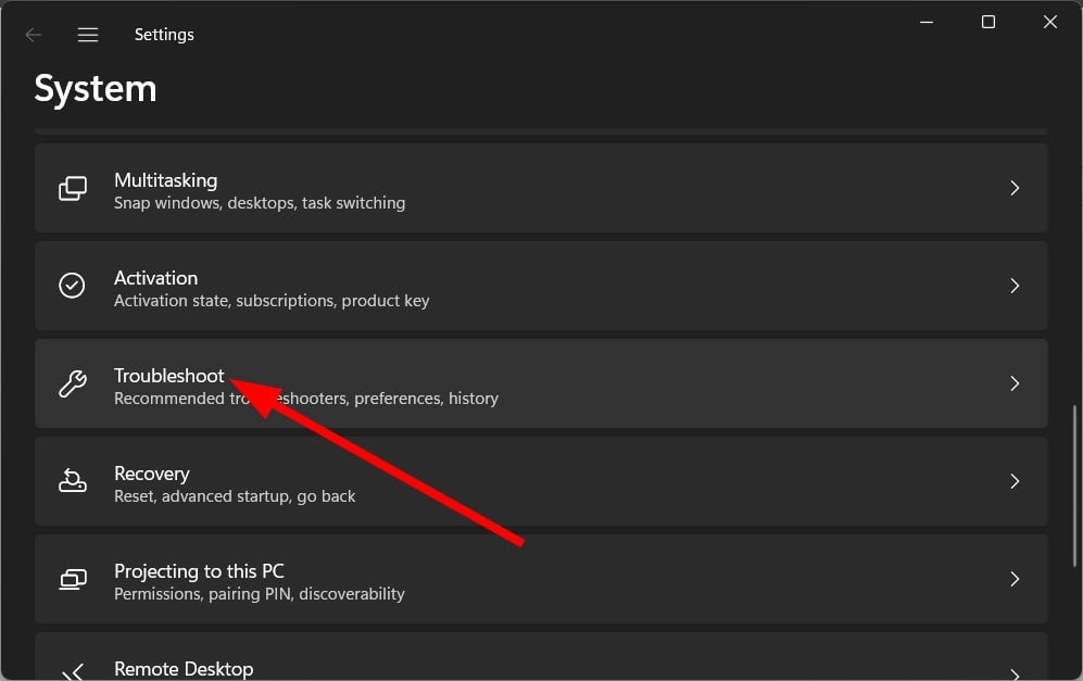 Окно настроек Windows: Устранение неполадок