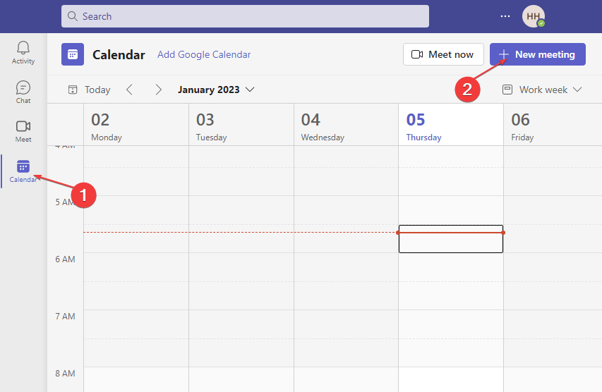 Создание новой встречи в календаре Teams