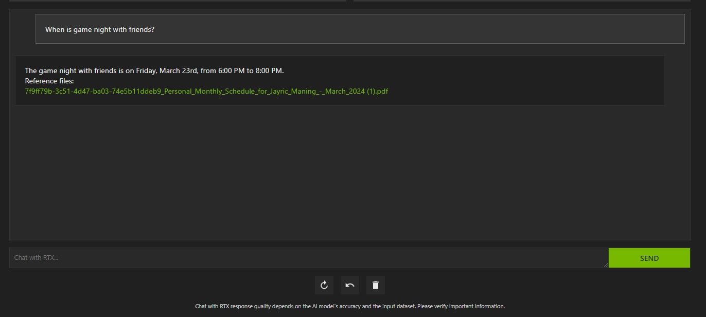 Пример диалога: Chat with RTX суммирует расписание из PDF-файла