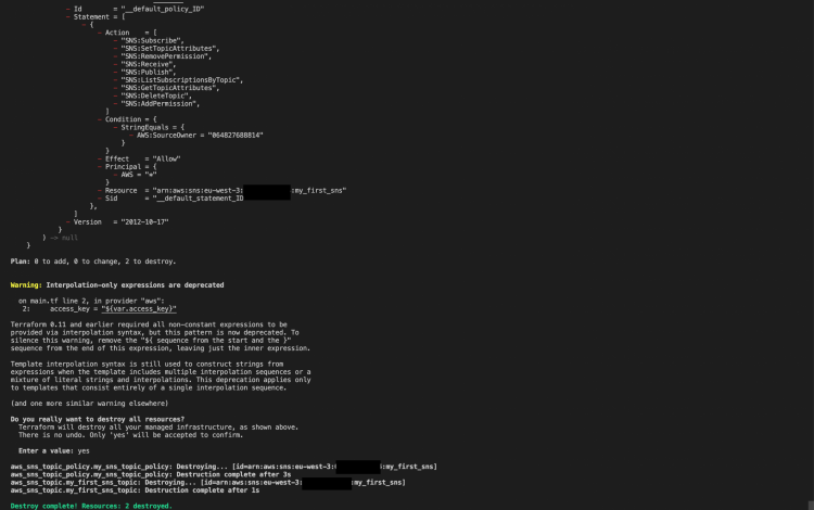 Вывод terraform destroy — удаление ресурсов
