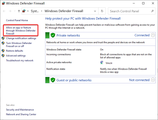 Разрешить приложение в брандмауэре