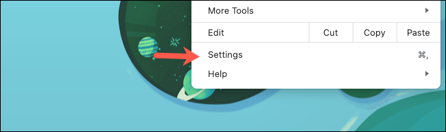 Пункт 'Настройки' в меню Chrome