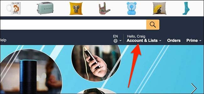 Меню Аккаунты и списки на сайте Amazon