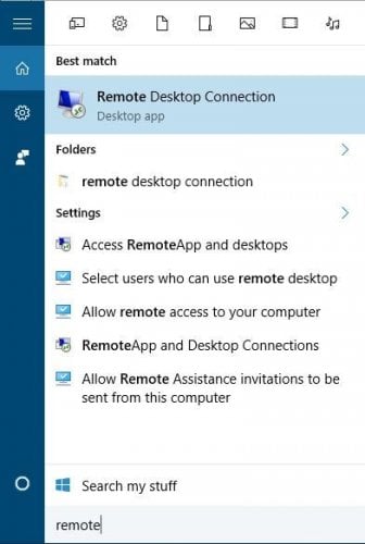 Меню Remote Desktop Connection