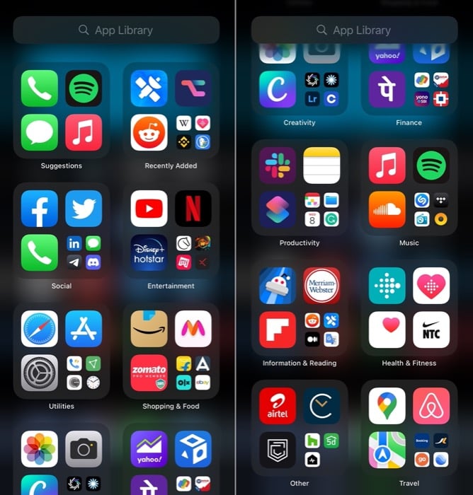 Страница Библиотеки программ на iPhone с группировкой приложений