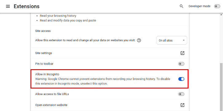 Скриншот: переключатель «Разрешить в режиме инкогнито»