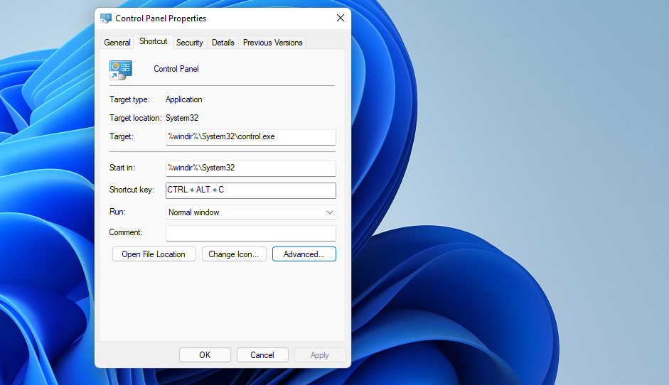 Поле клавиши ярлыка