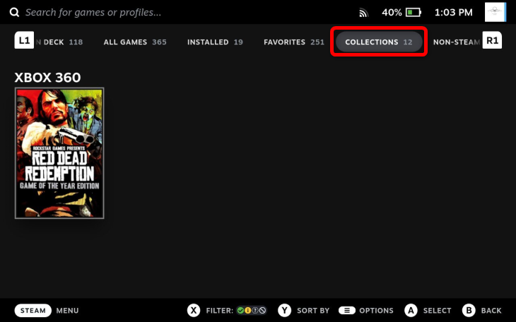 To see your Xbox 360 games while in game mode press Steam button > Library > Collections.