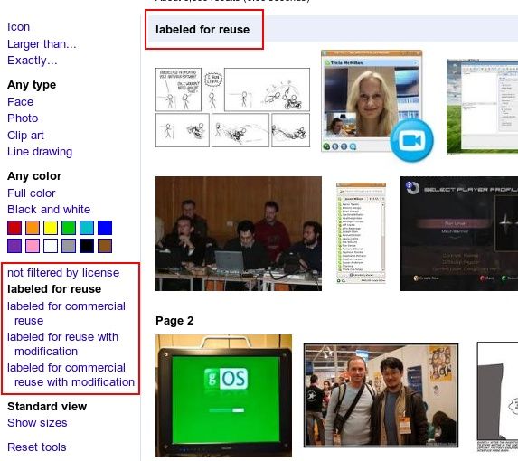Пример страницы результатов Google Images с фильтрами прав использования