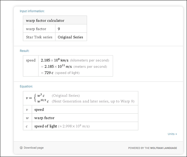 Изображение: результат расчёта скорости Warp 9 в Wolfram Alpha