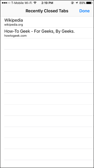 Экран 'Недавно закрытые вкладки' в Safari