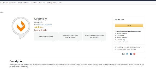 Страница навыка Urgent.ly в магазине Amazon