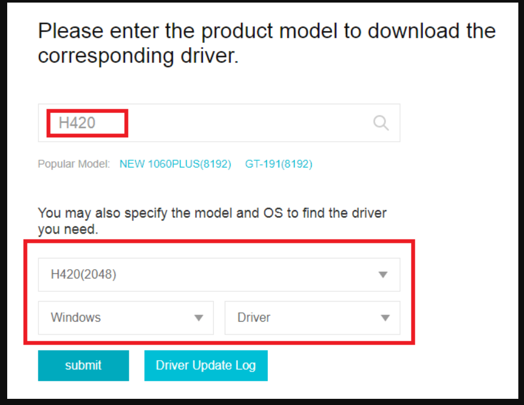 Выбор модели планшета Huion и иконка Windows