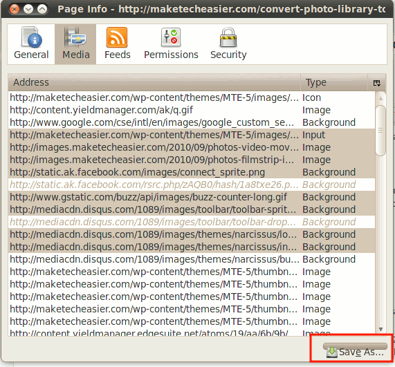 Диалог сохранения медиа из окна сведений о странице